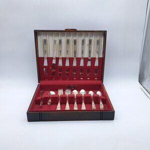 Silverplate Flatware Set for 8 in Box by WM Rogers -Burgundy Pattern